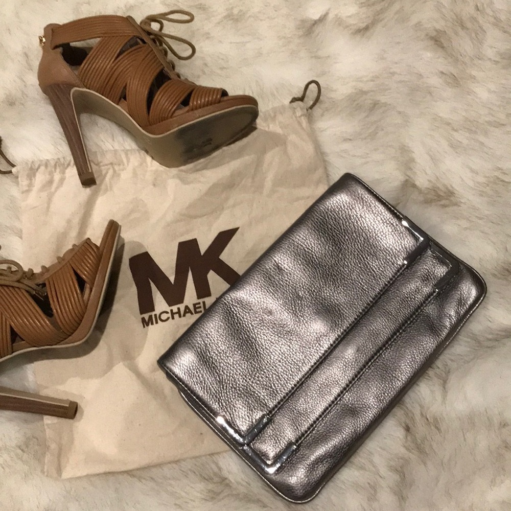 Michael Kors Fold over silver leather clutch